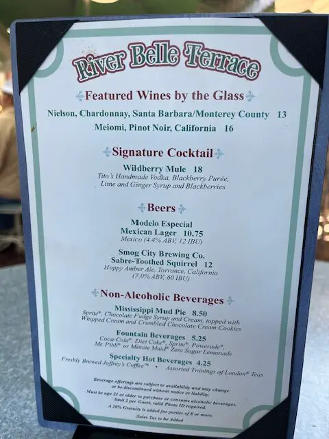 River Belle Terrace Drinks and Cocktails Menu