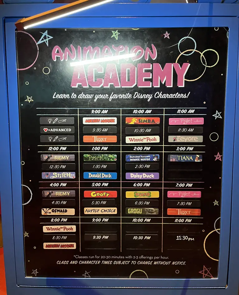 The Animation Academy in Disney California Adventure Park Drawing Schedule