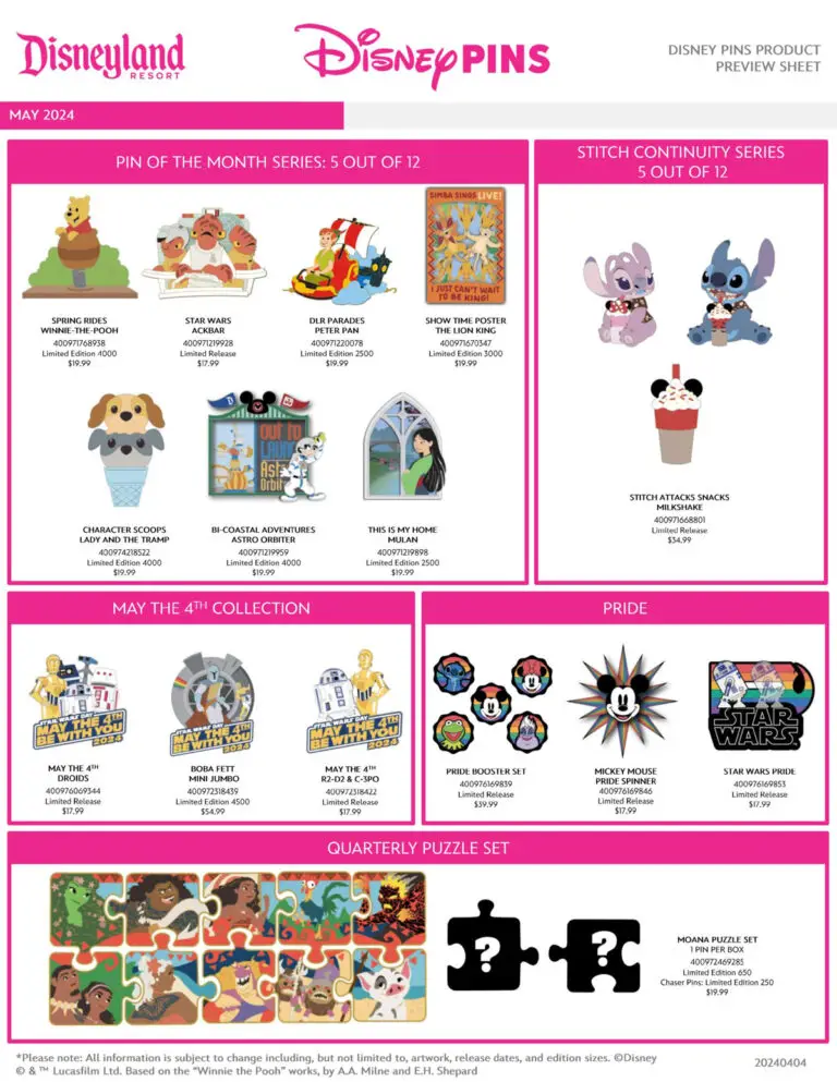 Disneyland Disney Pins Preview Sheet - May 2024 - Page 1