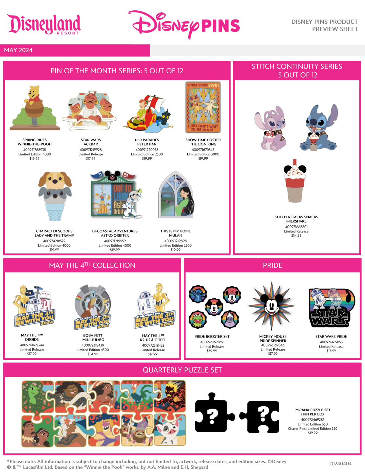 Disneyland Disney Pins Preview Sheet - May 2024 - Page 1