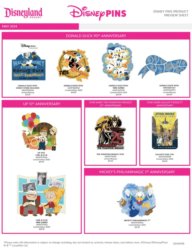 Disneyland Disney Pins Preview Sheet - May 2024 - Page 2