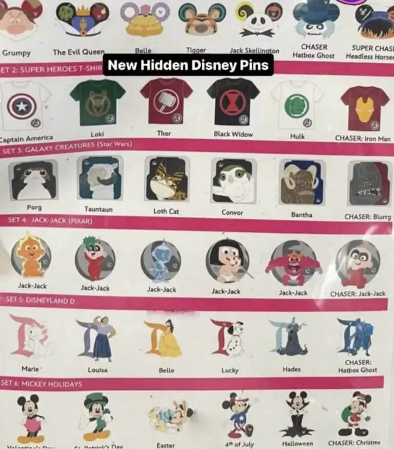 Disneyland Hidden Disney 2024 Pins Preview Sheet