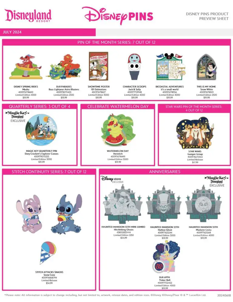 Disneyland July 2024 Pins Preview Sheet - Page 1