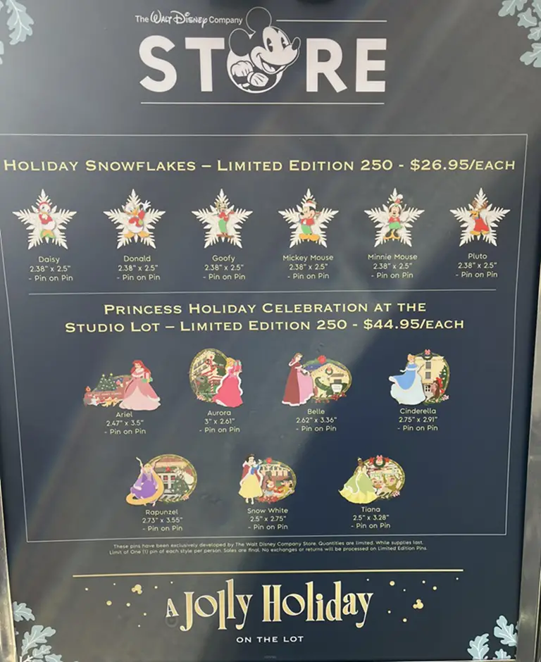 The Walt Disney Company Store Pins for D23 Jolly Holiday on the Lot