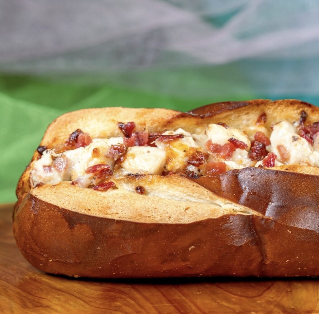 Chicken-Bacon Cheesy Garlic Pretzel Bread at Edelweiss Snacks and Maurice’s Treats