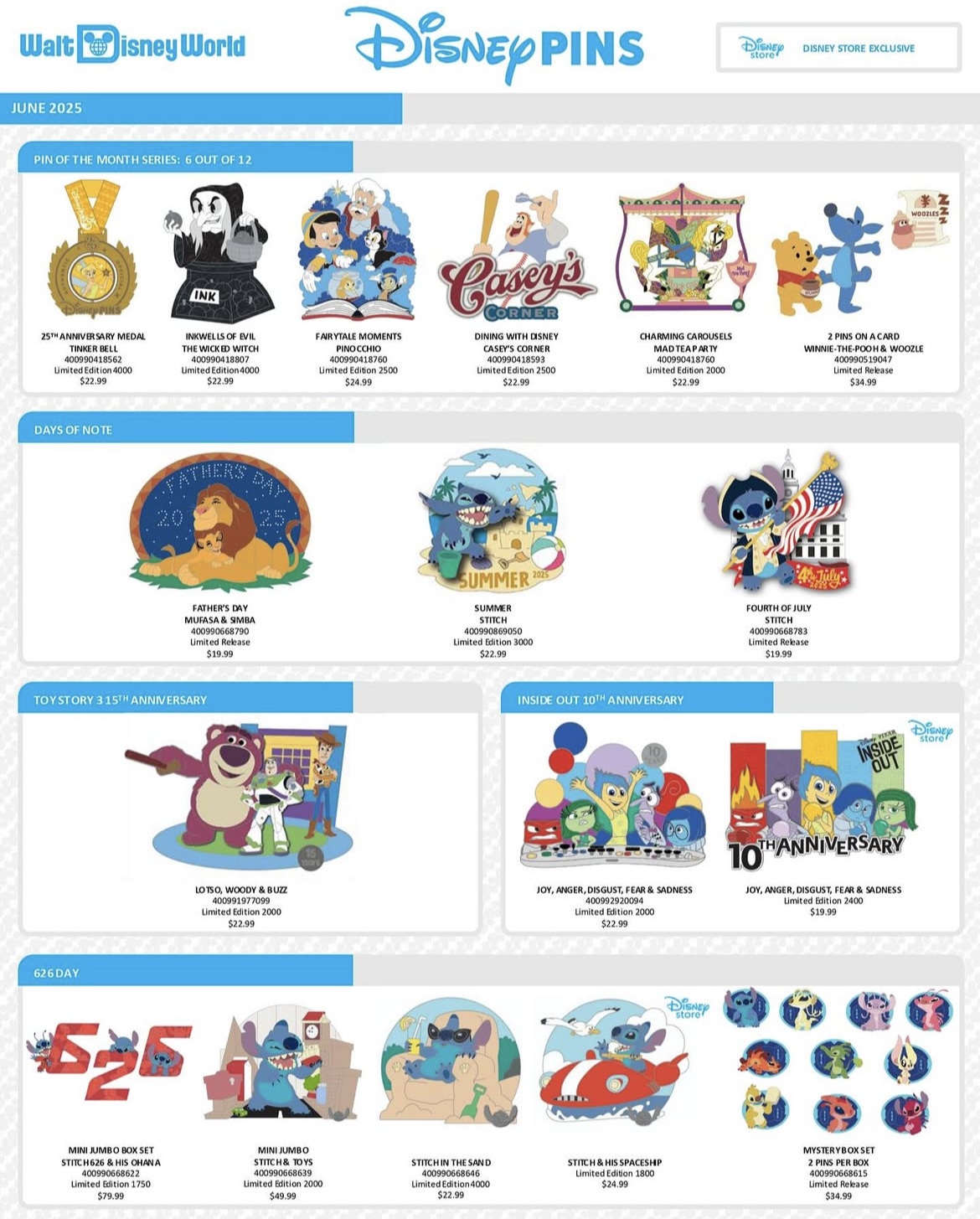 Walt Disney World Resort Pin Preview Sheet - June 2025
