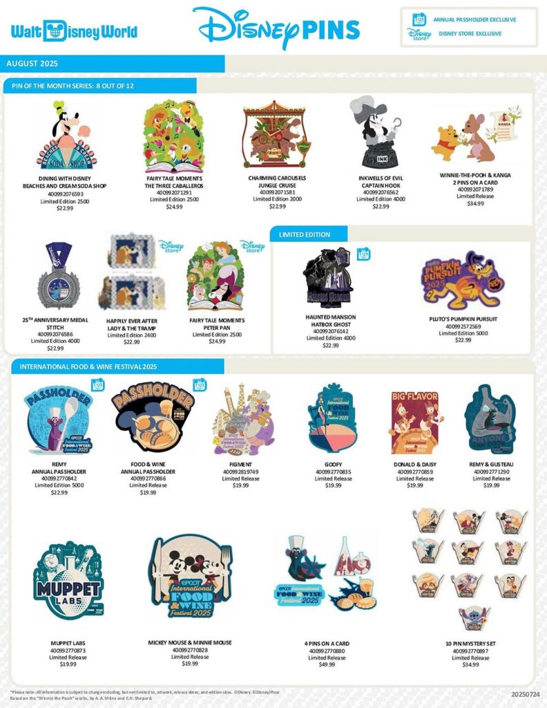 Walt Disney World Resort August 2025 Pins Preview Sheet | Disney ...
