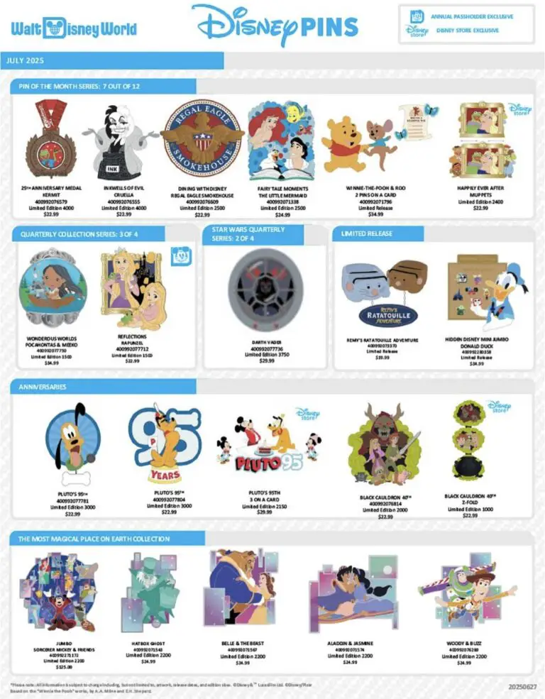 Walt Disney World Resort Pin Preview Sheet - July 2025