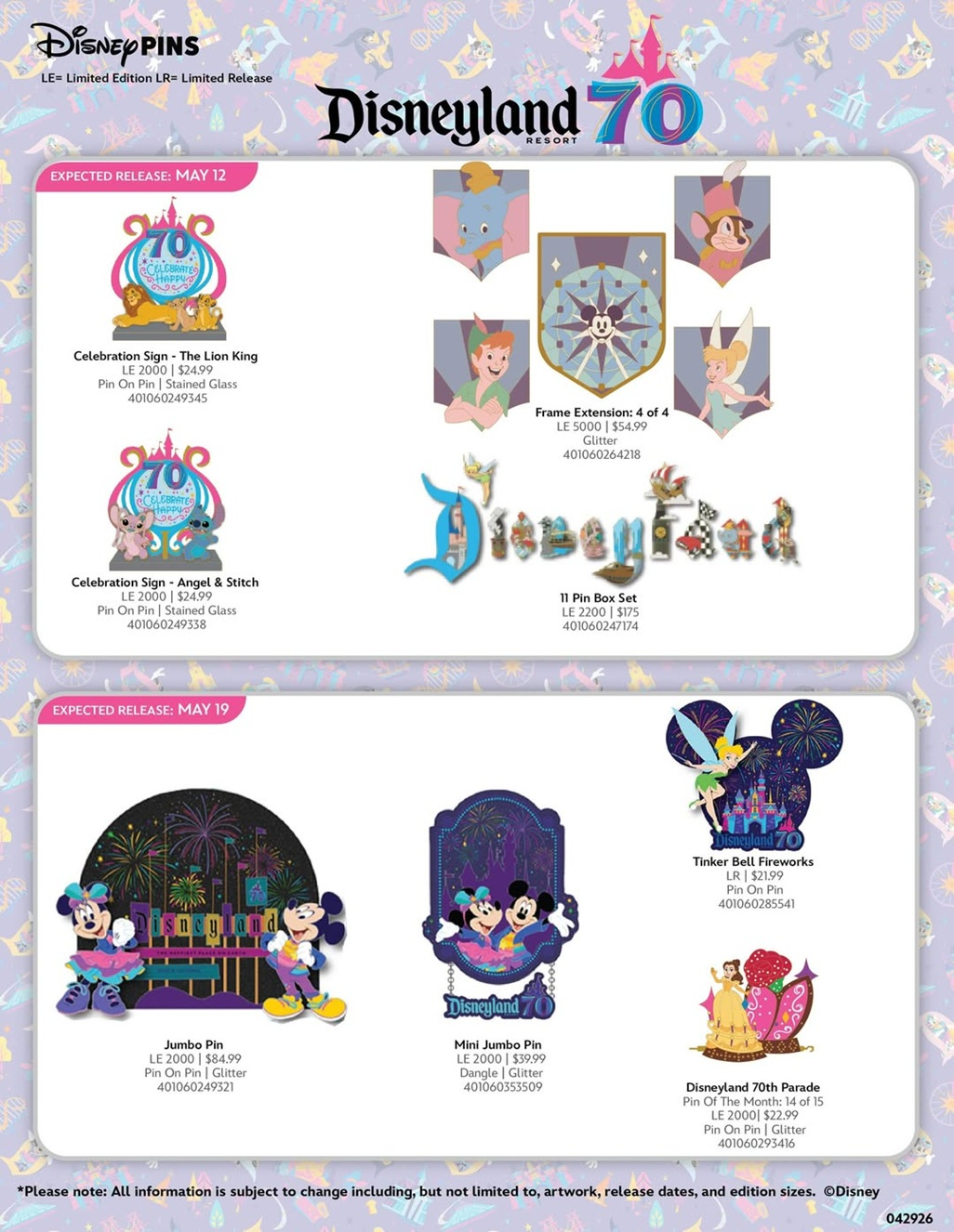 Disneyland 70th Anniversary Pins Preview Sheet May 2026