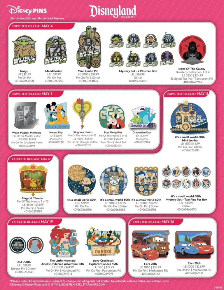 Disneyland Pins Preview Sheet May 2026