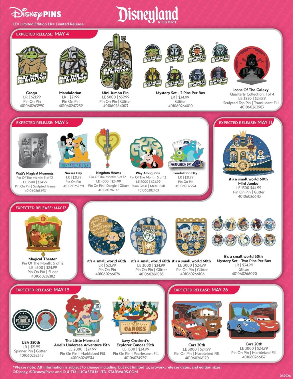 Disneyland Pins Preview Sheet May 2026