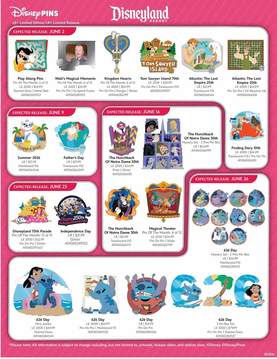 Disneyland Resort Pins Preview Sheet - June 2026