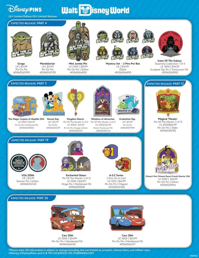 Walt Disney World Pins Preview Sheet May 2026