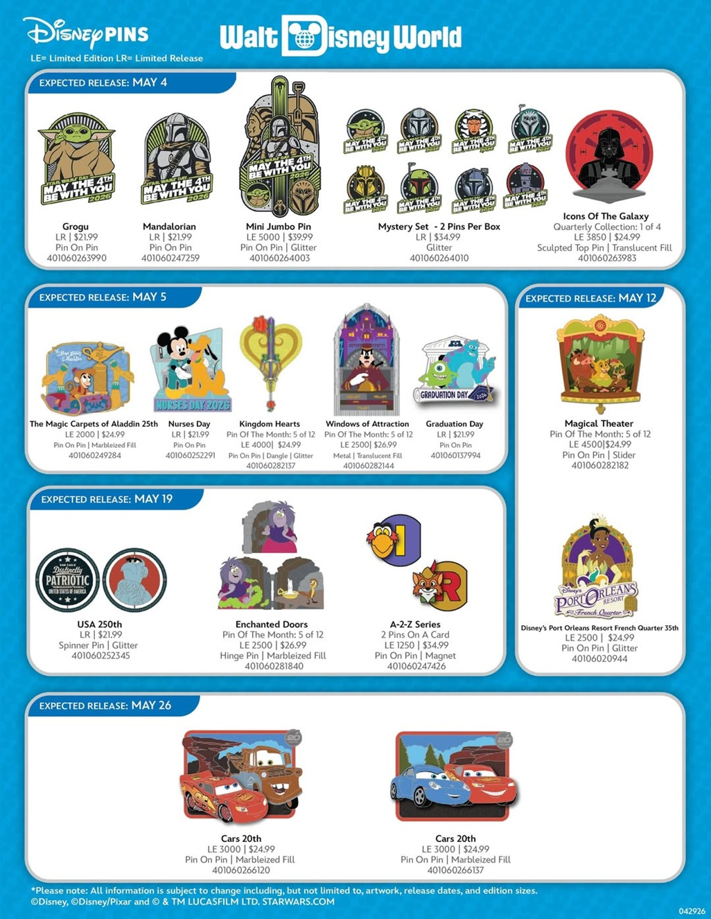 Walt Disney World Pins Preview Sheet May 2026