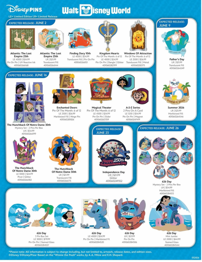 Walt Disney World Resort June 2026 Pins Preview Sheet