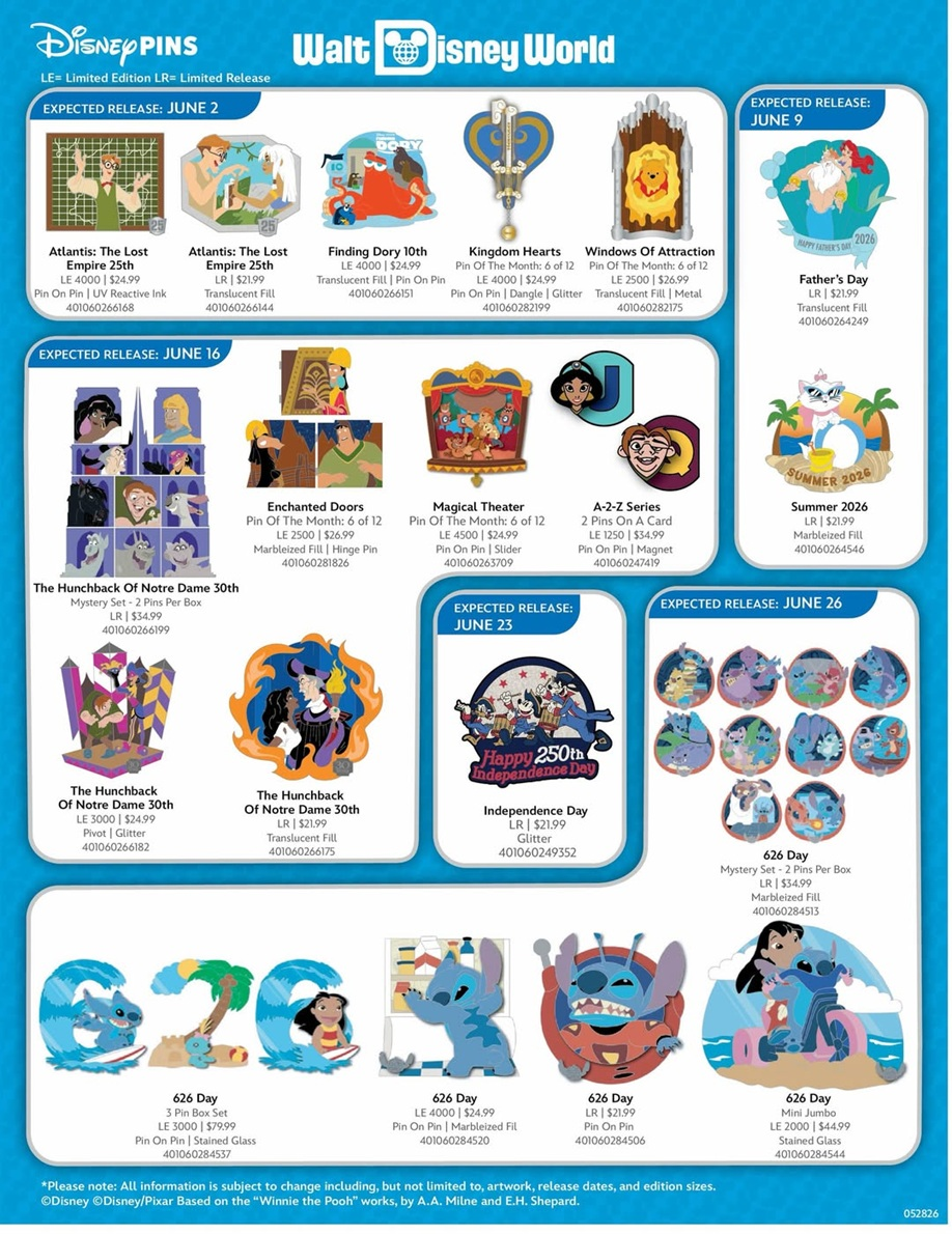 Walt Disney World Resort June 2026 Pins Preview Sheet