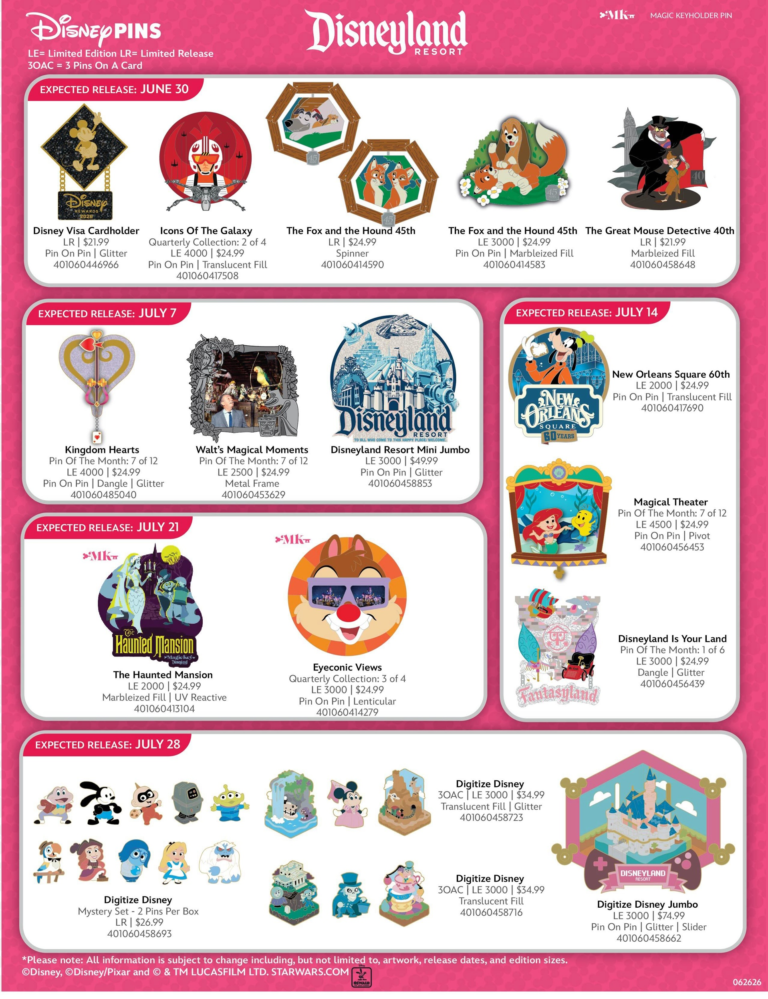 Disneyland Pins Preview Sheet - July 2026