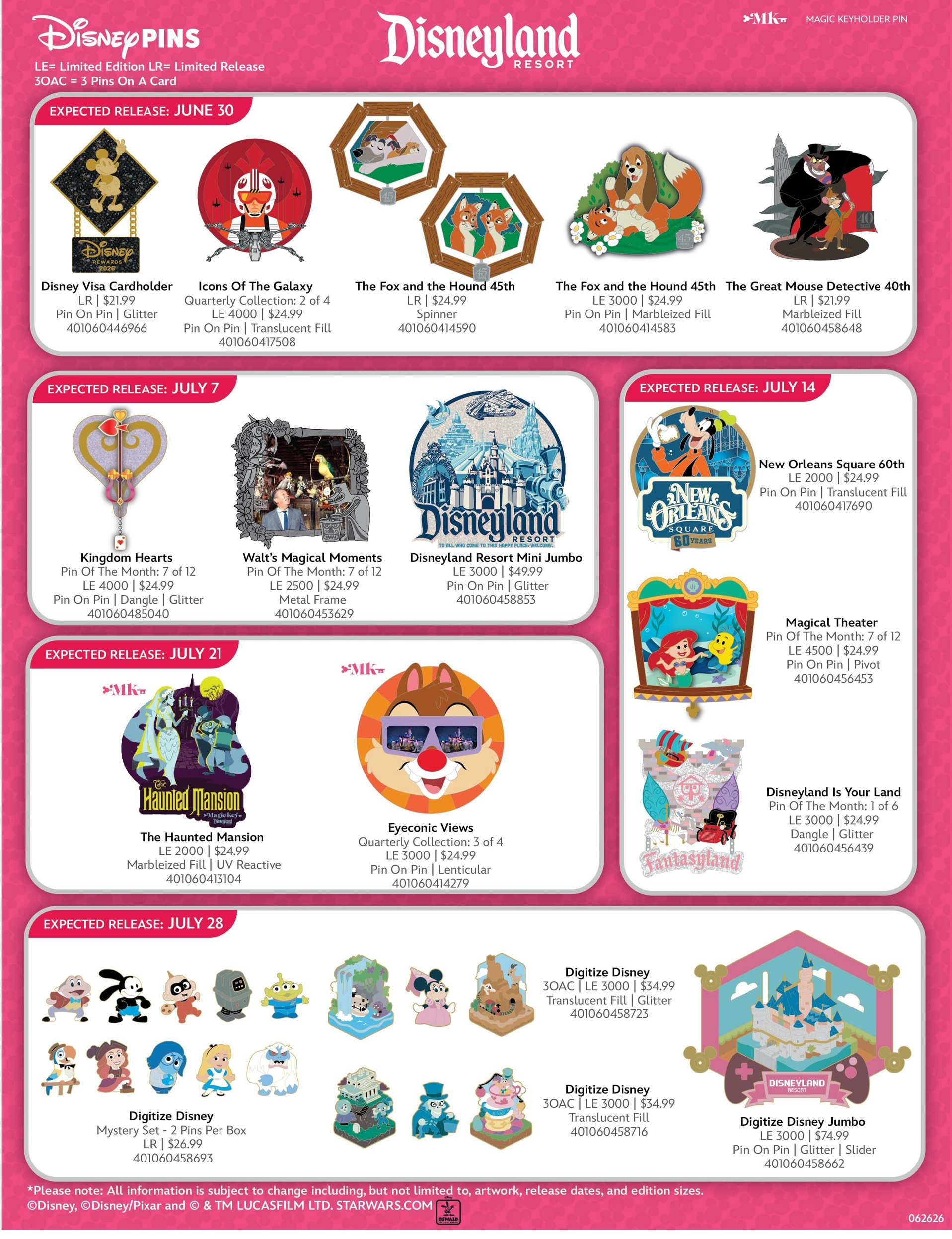 Disneyland Pins Preview Sheet - July 2026
