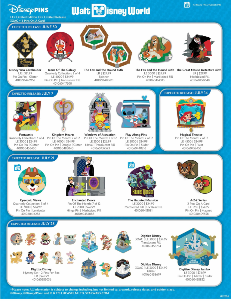 Walt Disney World Pins Preview Sheet - July 2026