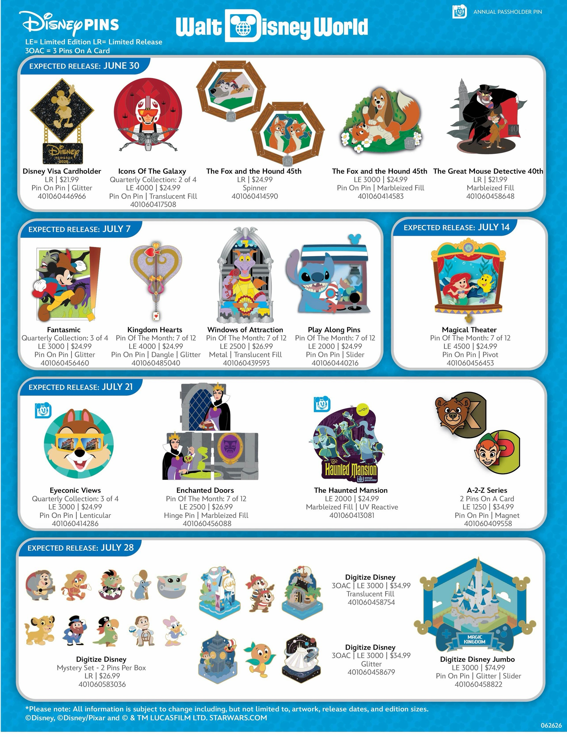 Walt Disney World Pins Preview Sheet - July 2026