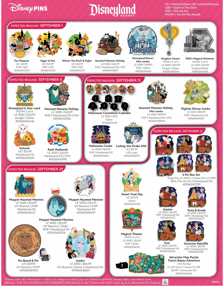 Disneyland Resort September 2026 Pins Preview Sheet