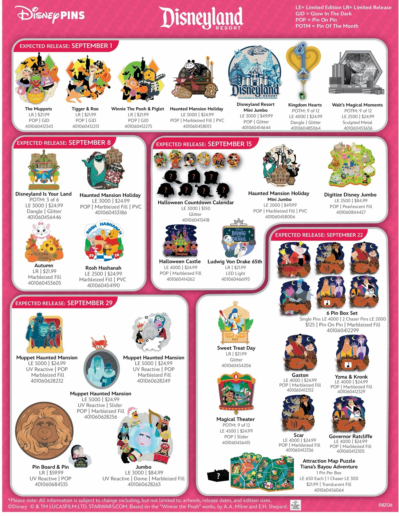 Disneyland Resort September 2026 Pins Preview Sheet