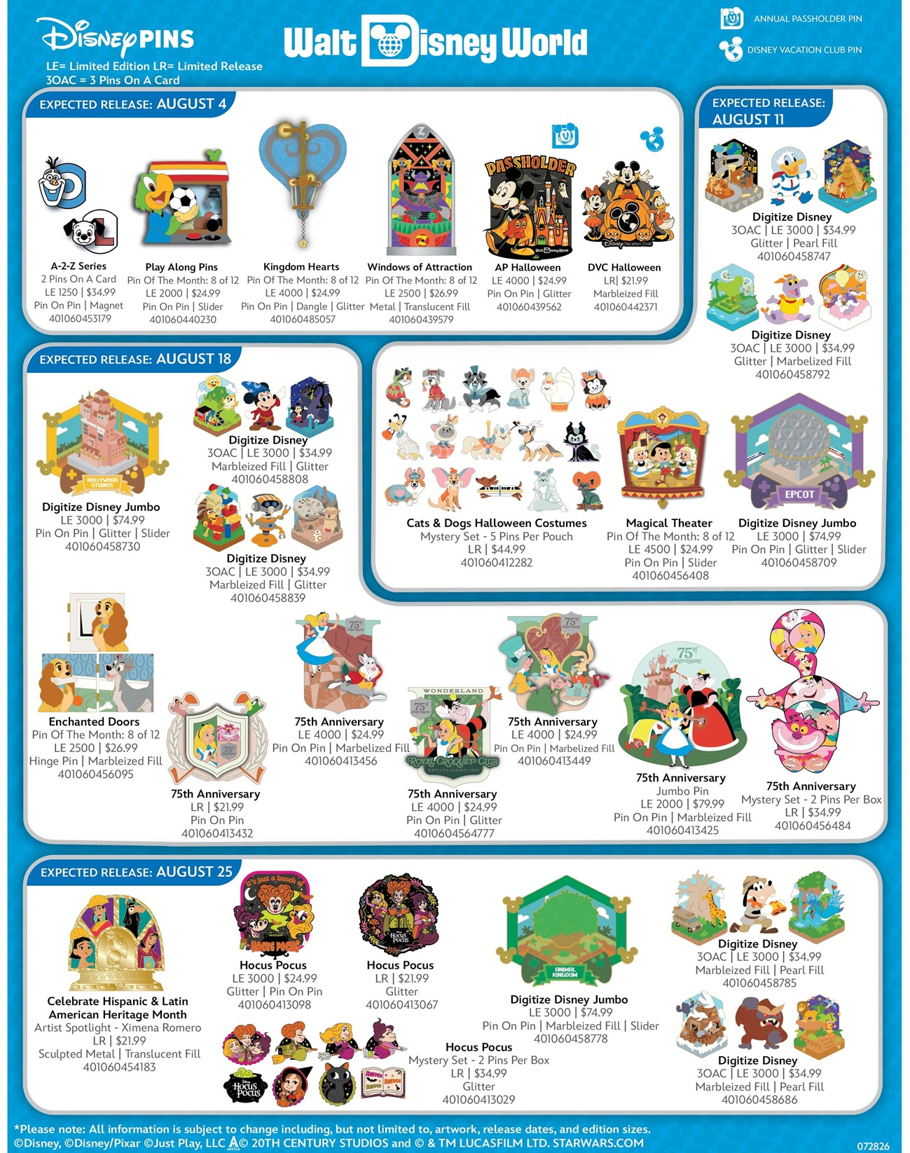 Walt Disney World Resort August 2026 Pins Preview Sheet