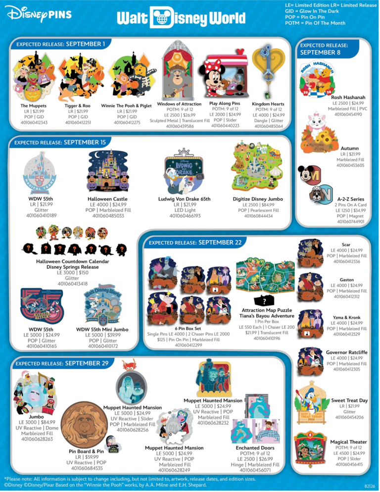 Walt Disney World Resort September 2026 Pins Preview Sheet