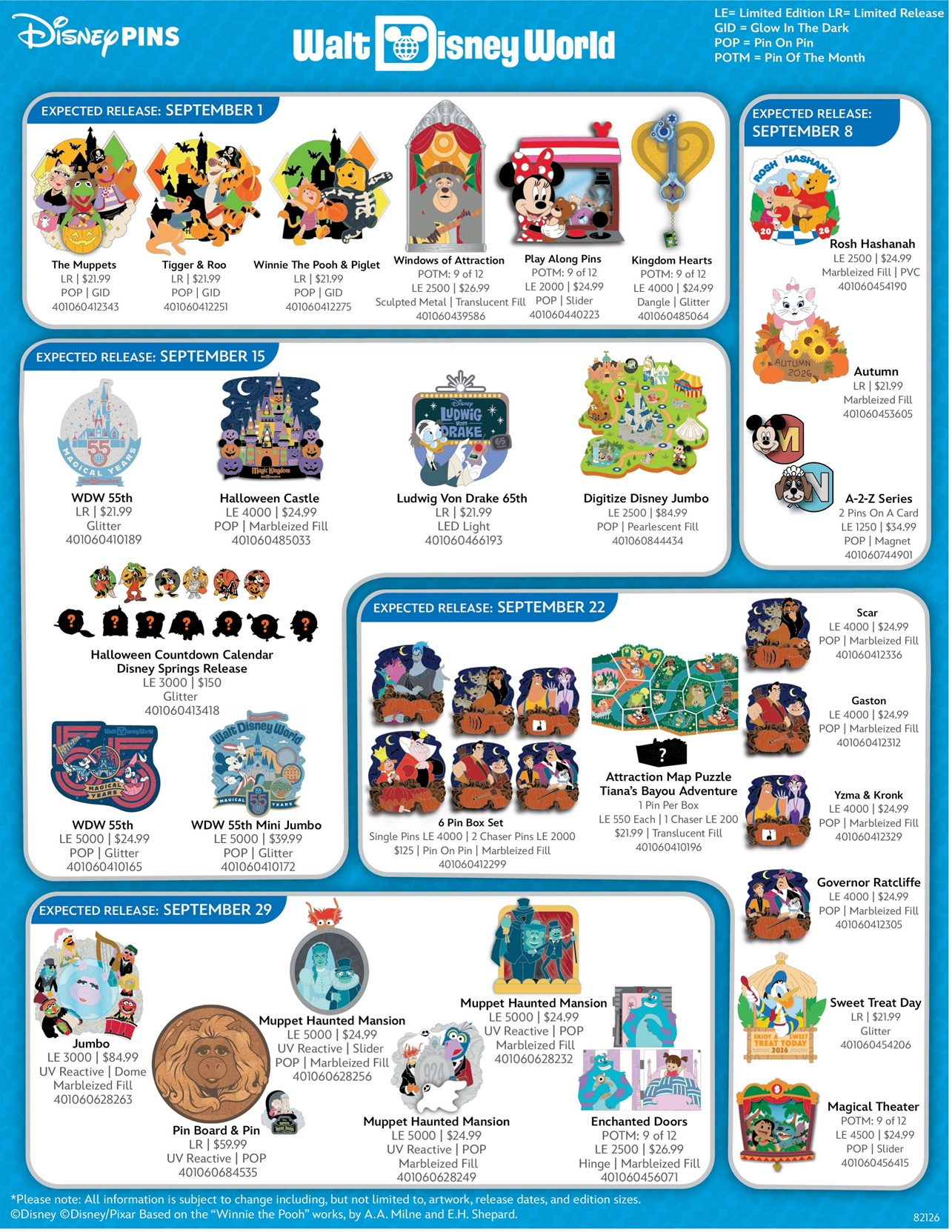 Walt Disney World Resort September 2026 Pins Preview Sheet