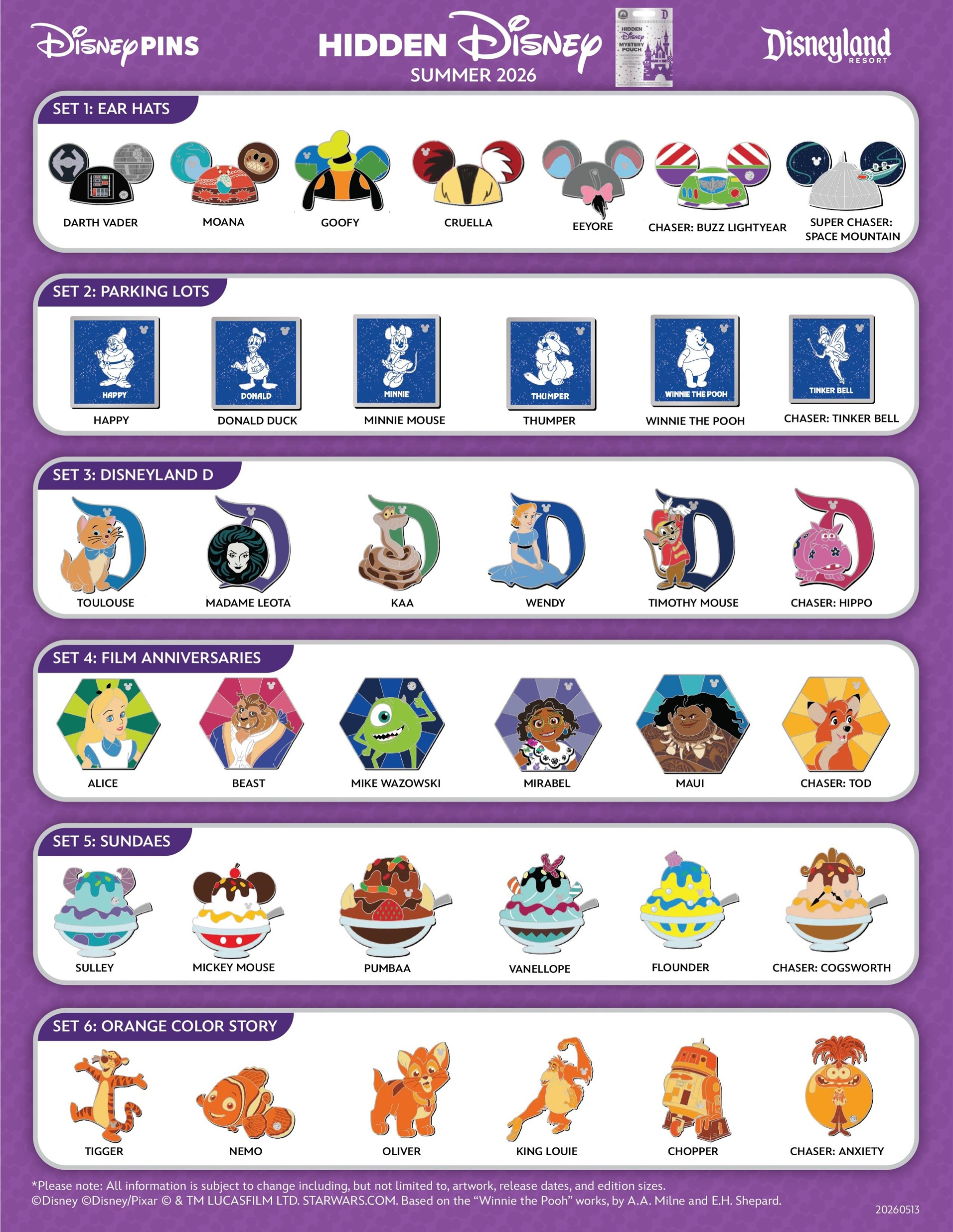 Disneyland 2026 Hidden Disney Pins B Series Preview Sheet