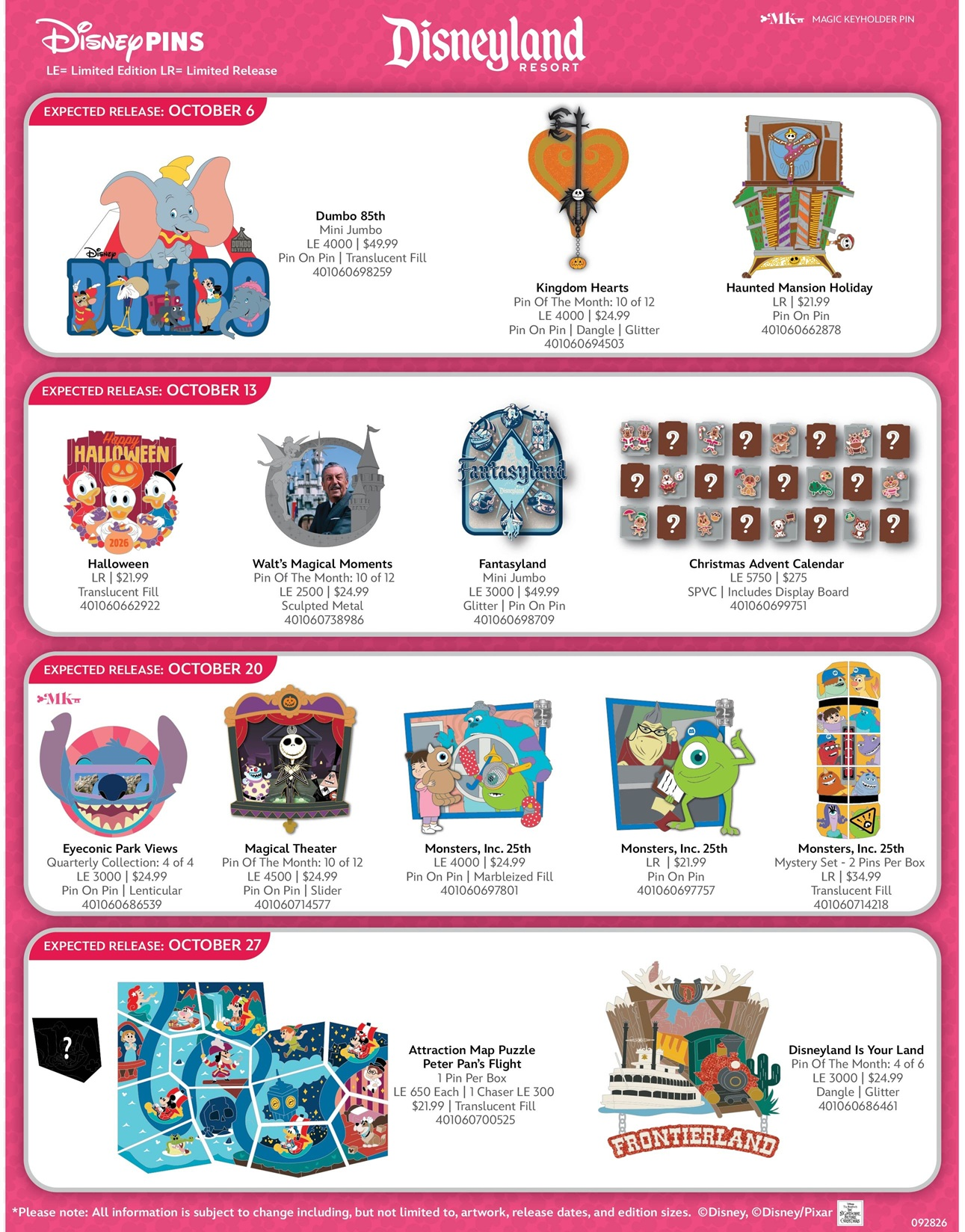 Disneyland Resort October 2026 Pins Preview Sheet