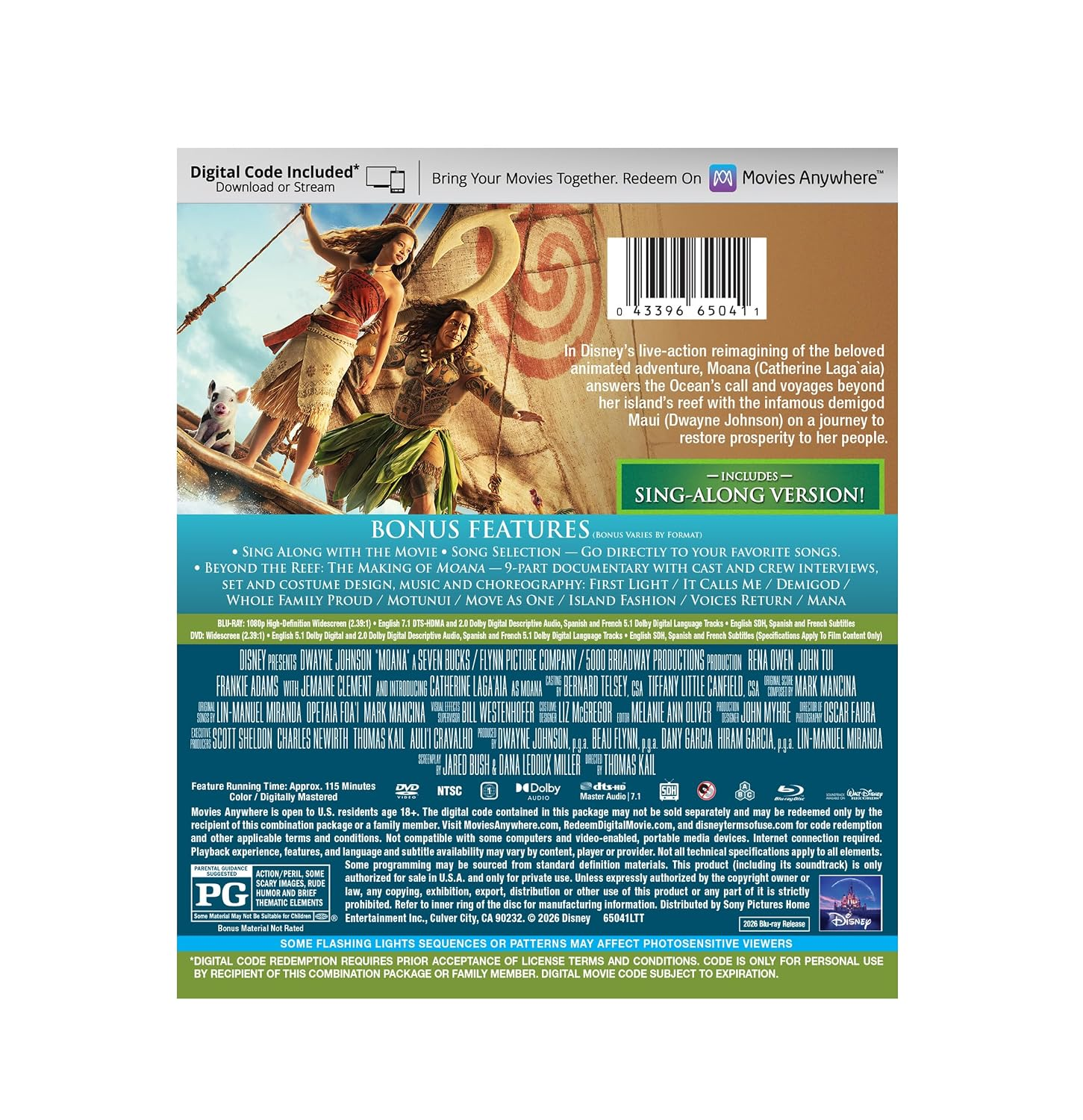 Moana - Blu-ray + DVD + Digital - Back Cover