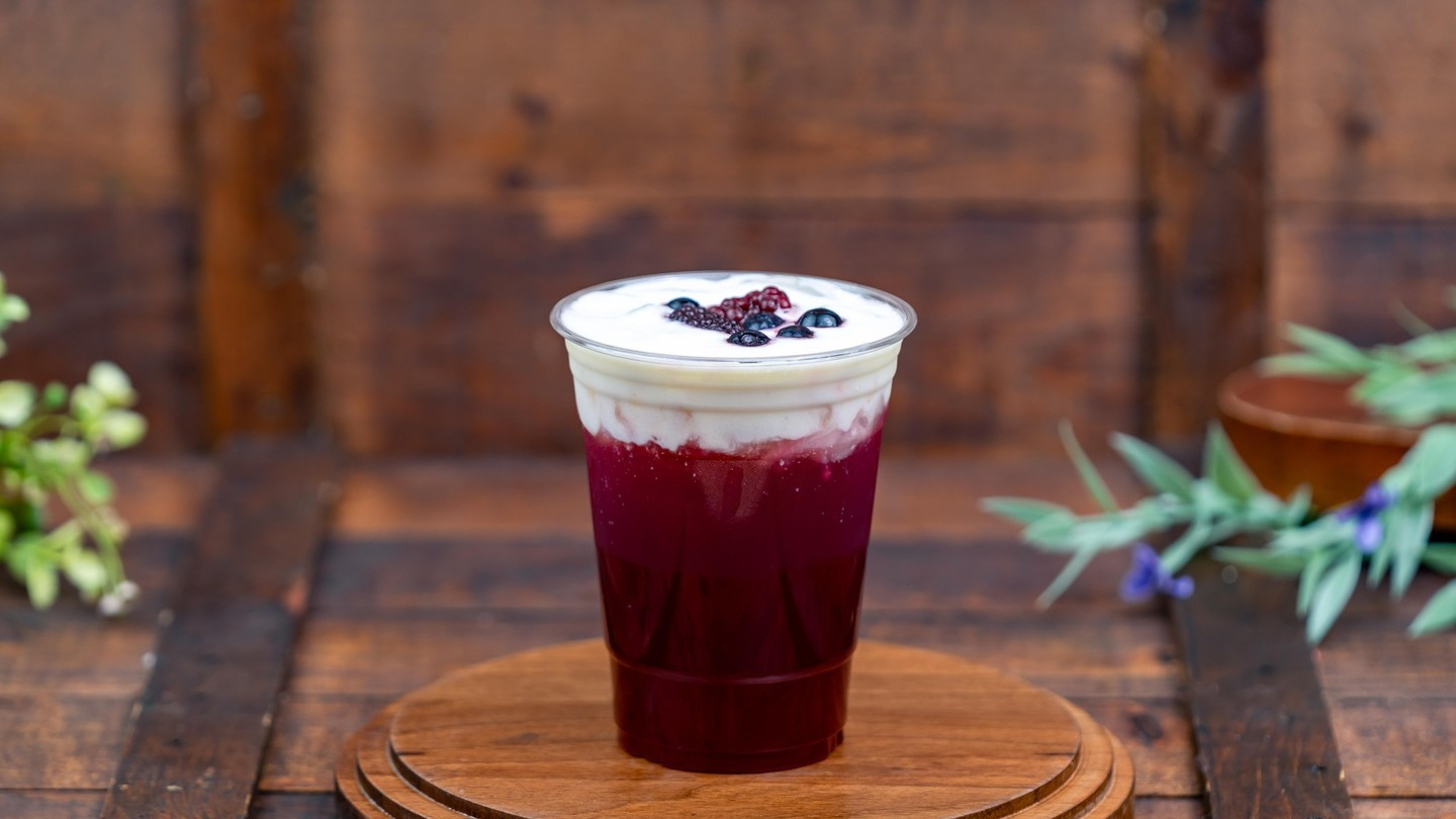 Pomegranate-Blueberry Refresher Pomegranate & lime juices and blueberry foam topped with berries (non-alcoholic)