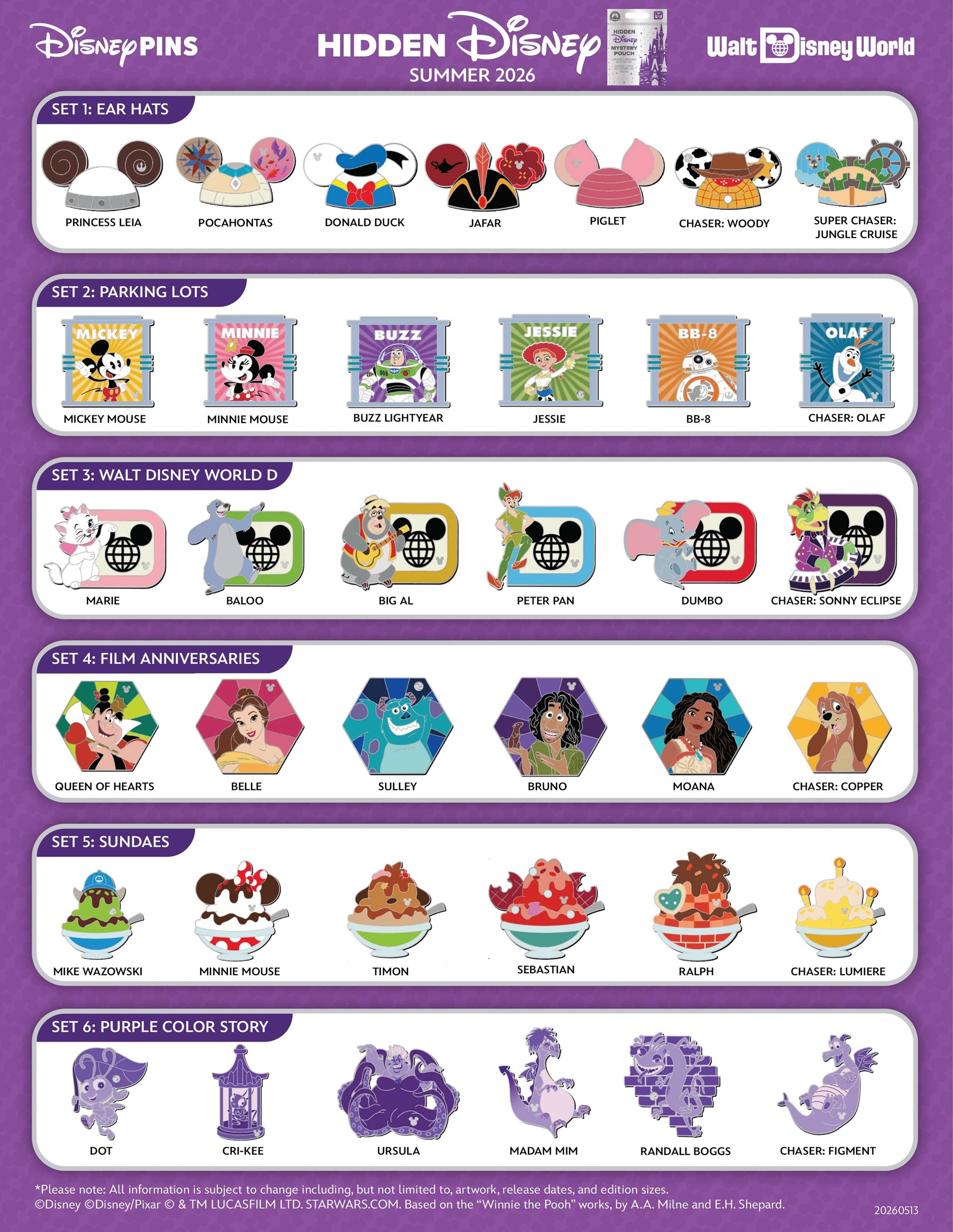 Walt Disney World 2026 Hidden Disney Pins B Series Preview Sheet