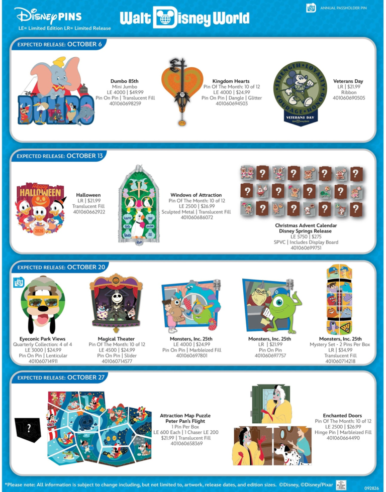 Walt Disney World Resort October 2026 Monthly Pins Preview Sheet